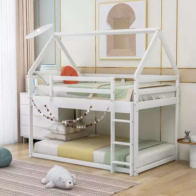 Lit superposé bas 1 place sur 1 place, cadre en bois en forme de maison avec toit, lit superposé au sol pour enfants et adolescents