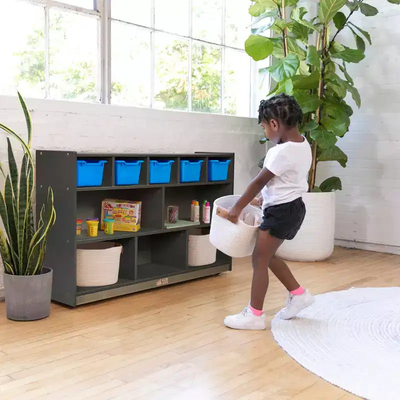 Meuble mobile à casiers et de rangement avec 5 bacs à façade inclinée, mobilier pour enfants