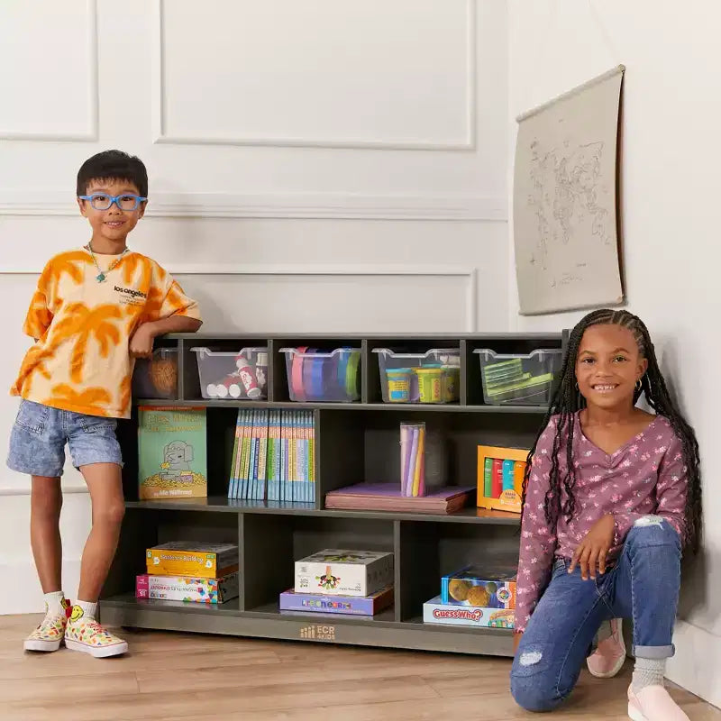 Meuble mobile à casiers et de rangement avec 5 bacs à façade inclinée, mobilier pour enfants