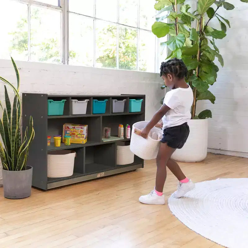 Meuble mobile à casiers et de rangement avec 5 bacs à façade inclinée, mobilier pour enfants