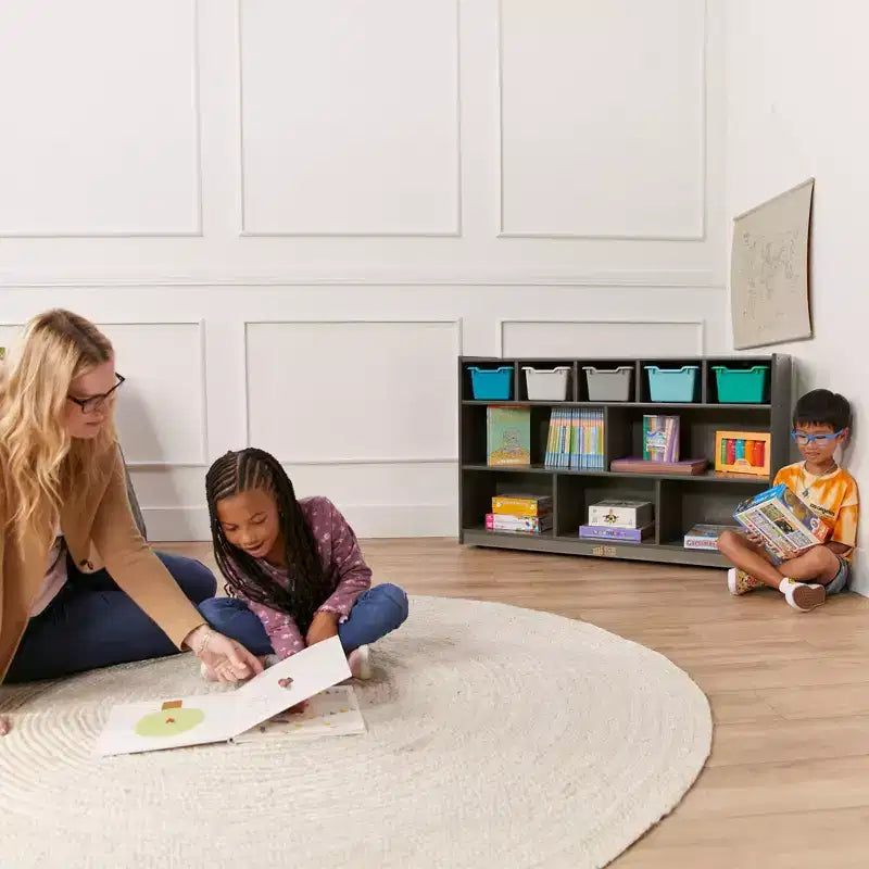Meuble mobile à casiers et de rangement avec 5 bacs à façade inclinée, mobilier pour enfants