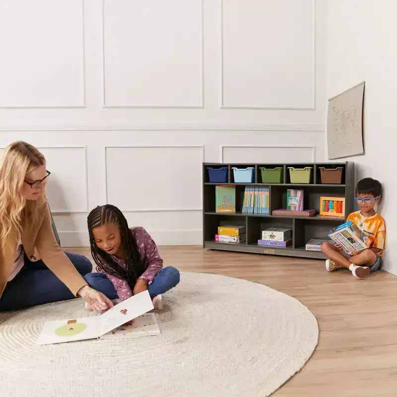 Meuble mobile à casiers et de rangement avec 5 bacs à façade inclinée, mobilier pour enfants