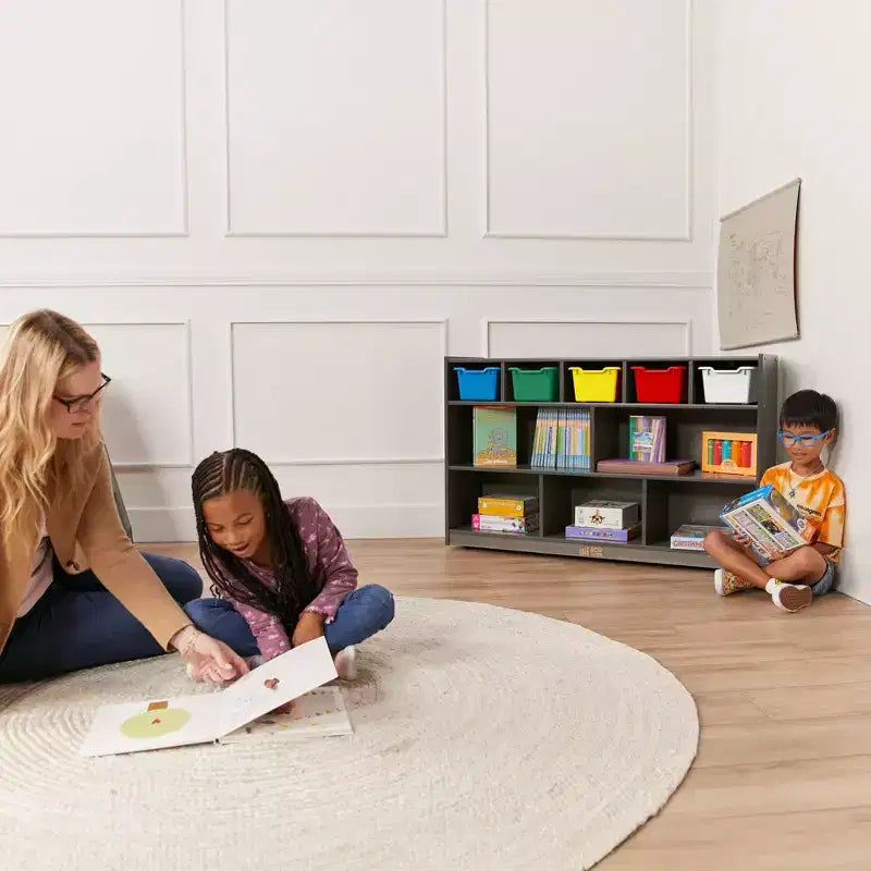 Meuble mobile à casiers et de rangement avec 5 bacs à façade inclinée, mobilier pour enfants