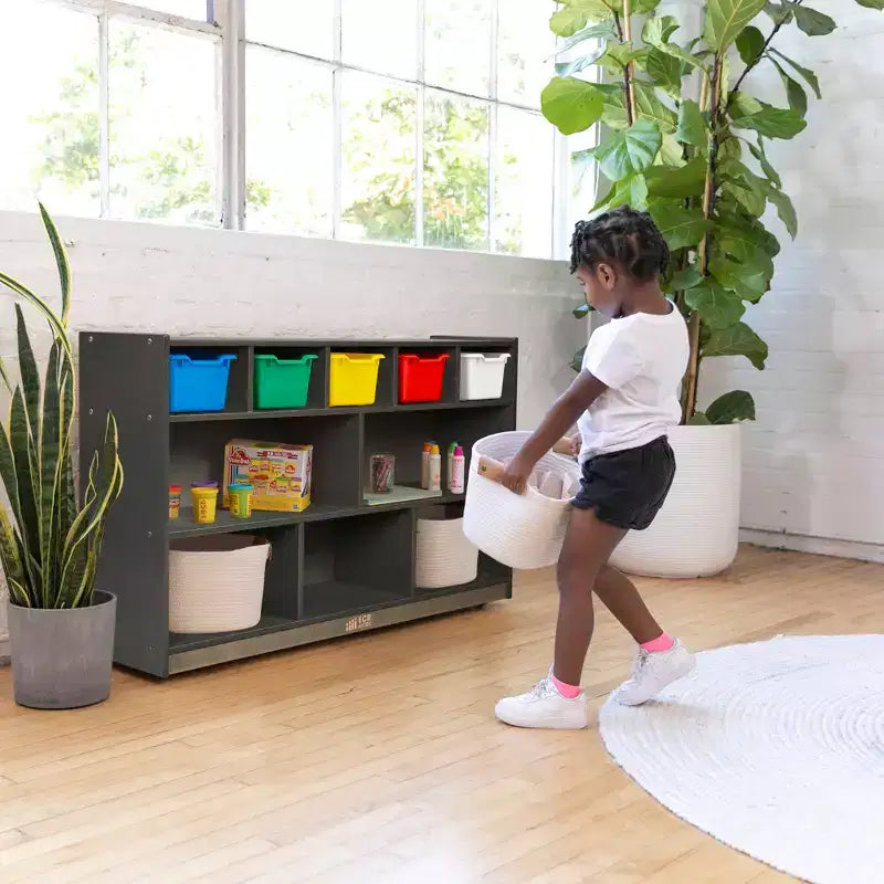 Meuble mobile à casiers et de rangement avec 5 bacs à façade inclinée, mobilier pour enfants