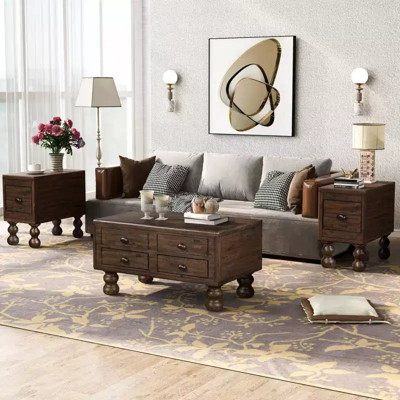 Table basse vintage en bois massif avec 4 tiroirs