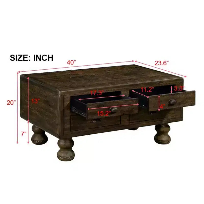 Table basse vintage en bois massif avec 4 tiroirs
