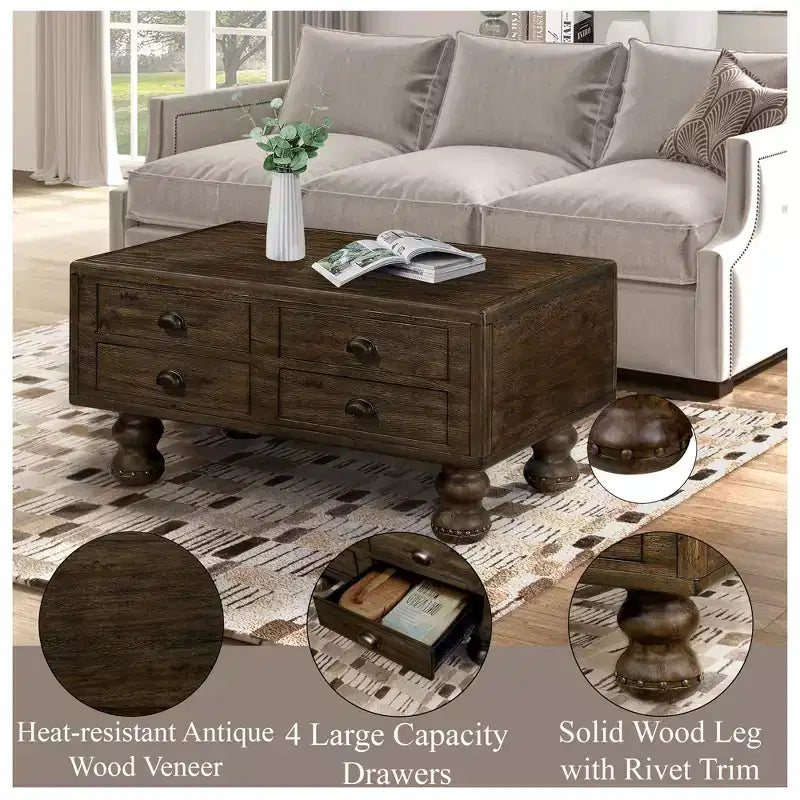 Table basse vintage en bois massif avec 4 tiroirs