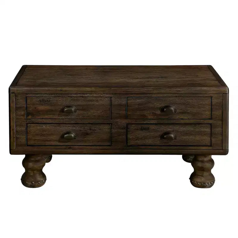 Table basse vintage en bois massif avec 4 tiroirs