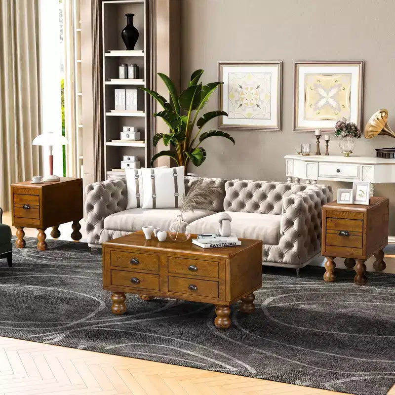 Table basse vintage en bois massif avec 4 tiroirs