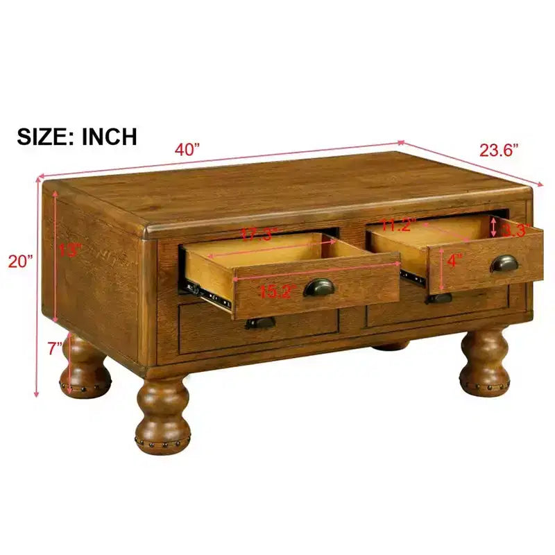 Table basse vintage en bois massif avec 4 tiroirs