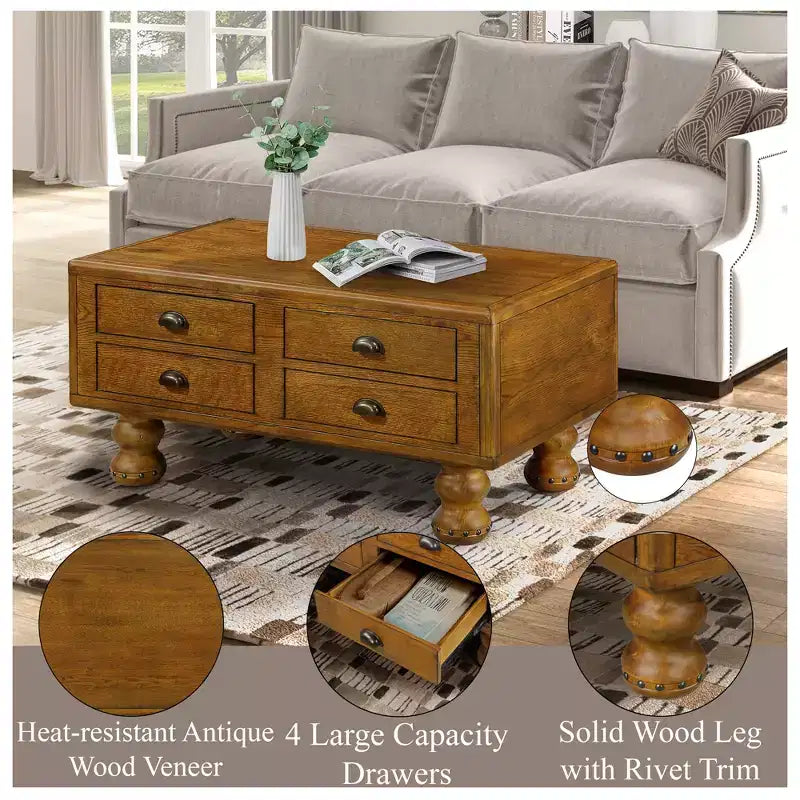 Table basse vintage en bois massif avec 4 tiroirs