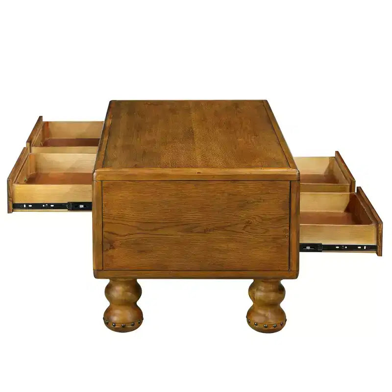Table basse vintage en bois massif avec 4 tiroirs
