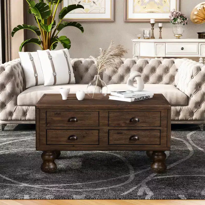 Table basse vintage en bois massif avec 4 tiroirs