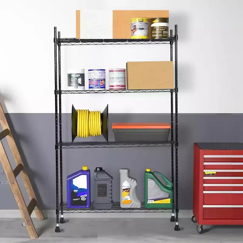 Étagère à 4 tablettes, grand chariot de rangement robuste, organisateur métallique à hauteur réglable avec base anti-basculement, étagère d’une capacité de 1400LBS pour garage