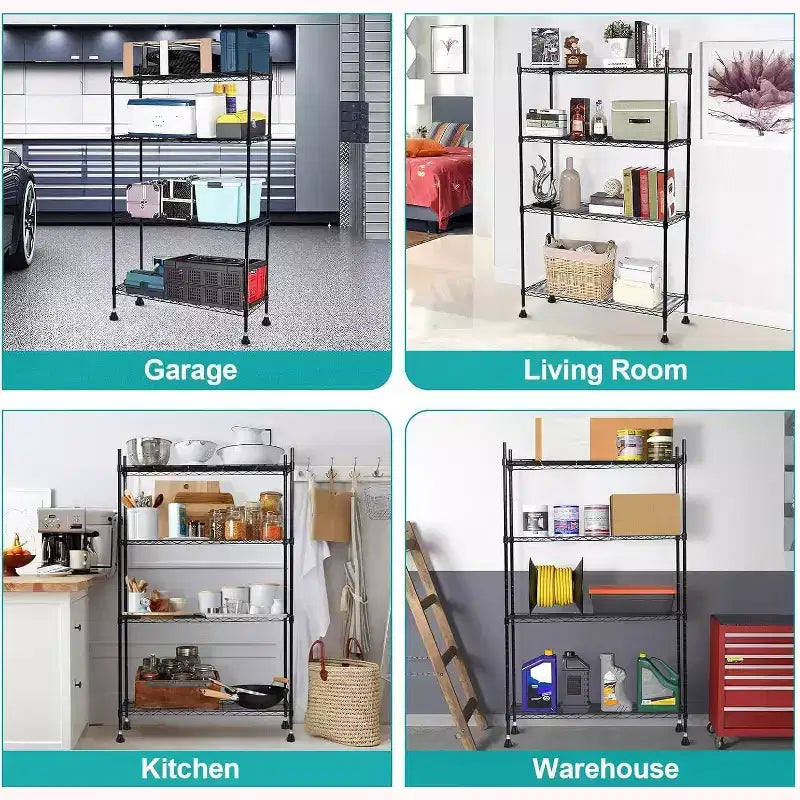 Étagère à 4 tablettes, grand chariot de rangement robuste, organisateur métallique à hauteur réglable avec base anti-basculement, étagère d’une capacité de 1400LBS pour garage