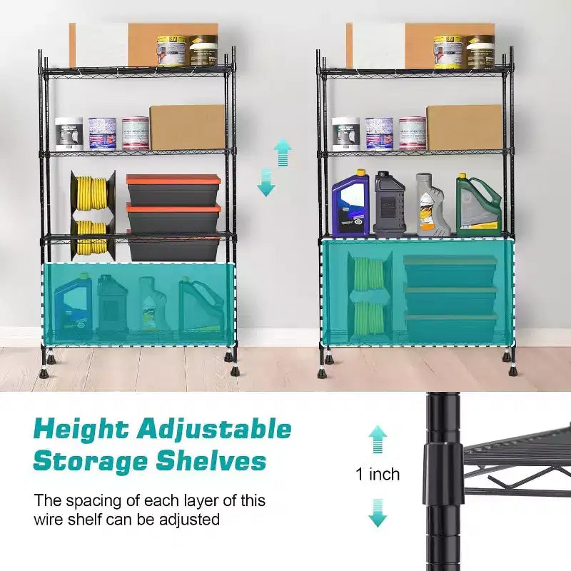 Étagère à 4 tablettes, grand chariot de rangement robuste, organisateur métallique à hauteur réglable avec base anti-basculement, étagère d’une capacité de 1400LBS pour garage