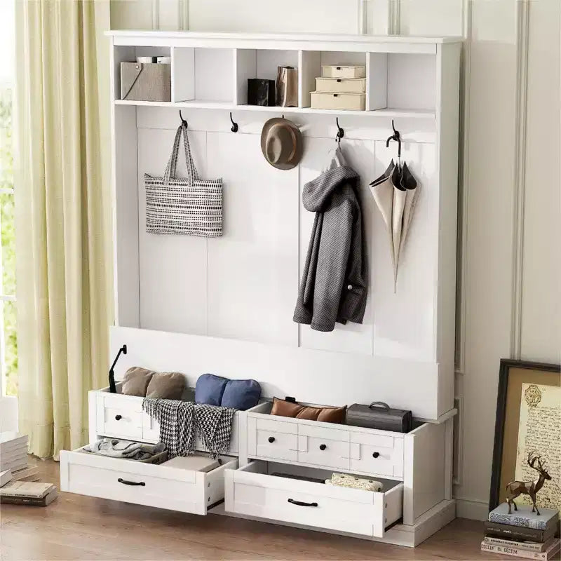Grand portemanteau d’entrée avec 5 crochets, banc de rangement polyvalent à plateau relevable avec 2 tiroirs, porte-manteau rétro en bois 3-en-1