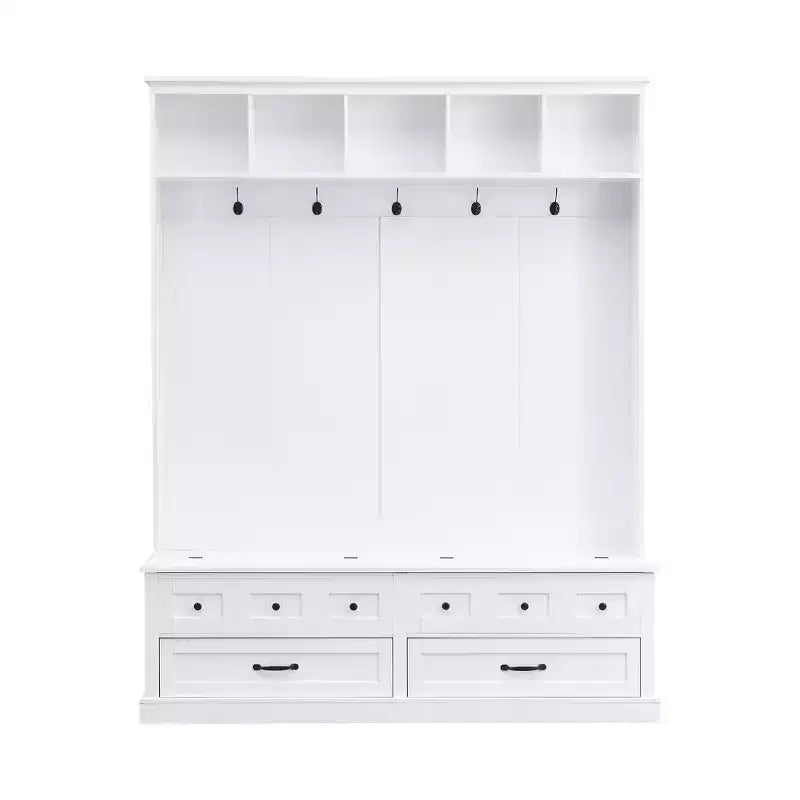 Grand portemanteau d’entrée avec 5 crochets, banc de rangement polyvalent à plateau relevable avec 2 tiroirs, porte-manteau rétro en bois 3-en-1