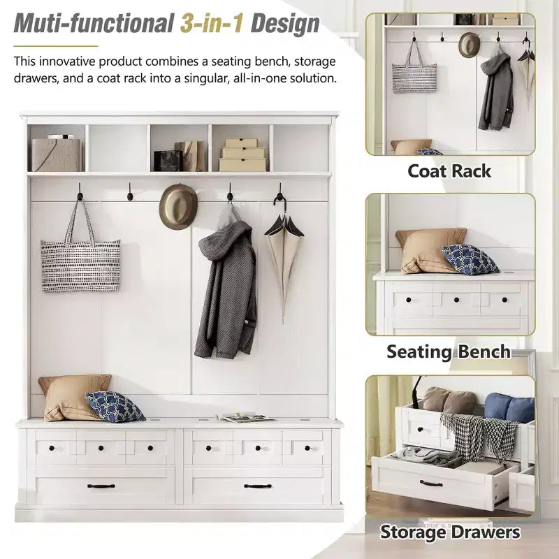 Grand portemanteau d’entrée avec 5 crochets, banc de rangement polyvalent à plateau relevable avec 2 tiroirs, porte-manteau rétro en bois 3-en-1