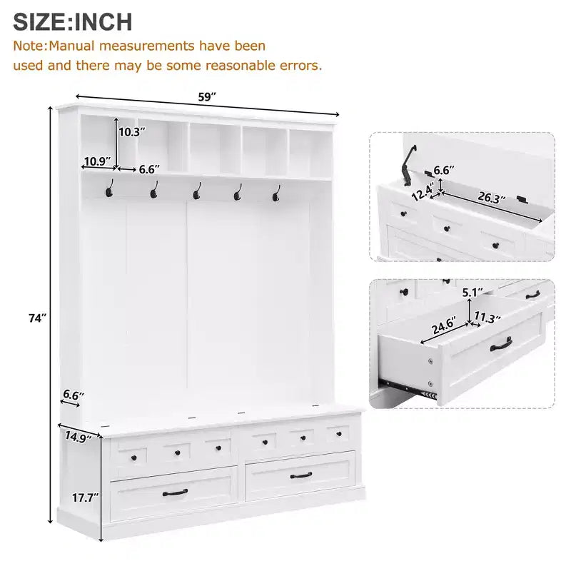 Grand portemanteau d’entrée avec 5 crochets, banc de rangement polyvalent à plateau relevable avec 2 tiroirs, porte-manteau rétro en bois 3-en-1