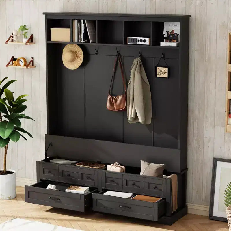 Grand portemanteau d’entrée avec 5 crochets, banc de rangement polyvalent à plateau relevable avec 2 tiroirs, porte-manteau rétro en bois 3-en-1