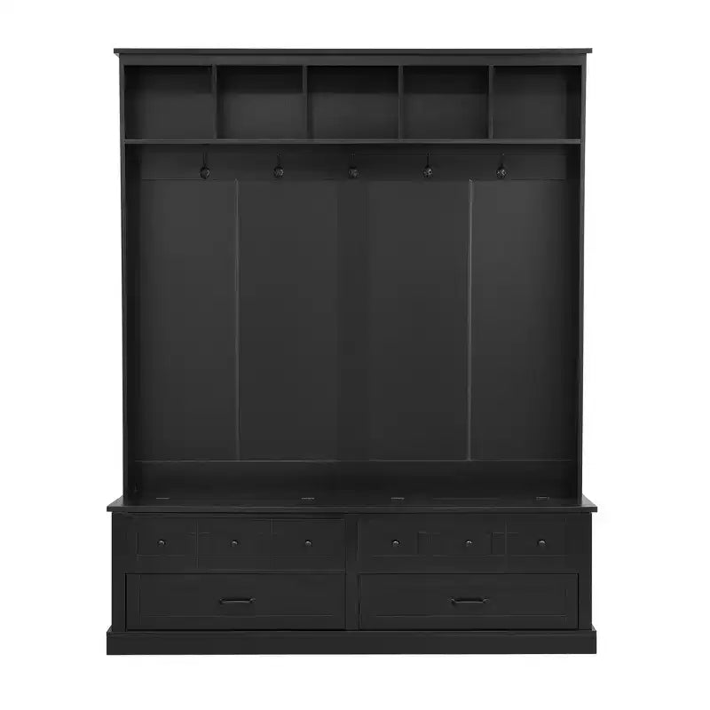 Breiter Garderobenständer für den Eingangsbereich mit 5 Haken, vielseitige Sitzbank mit aufklappbarem Stauraum und 2 Schubladen, retro Holz-Garderobe 3-in-1