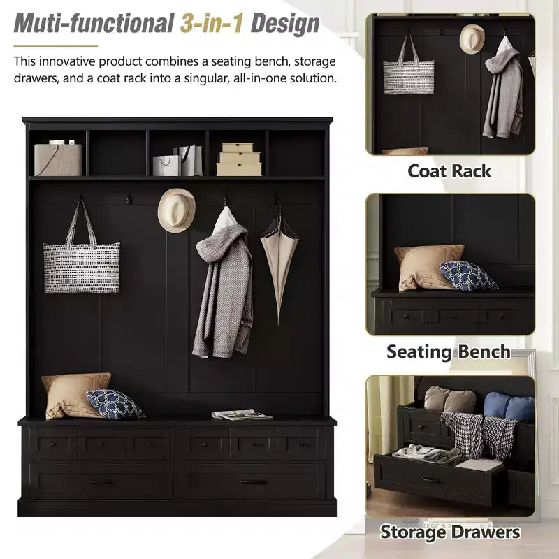 Grand portemanteau d’entrée avec 5 crochets, banc de rangement polyvalent à plateau relevable avec 2 tiroirs, porte-manteau rétro en bois 3-en-1