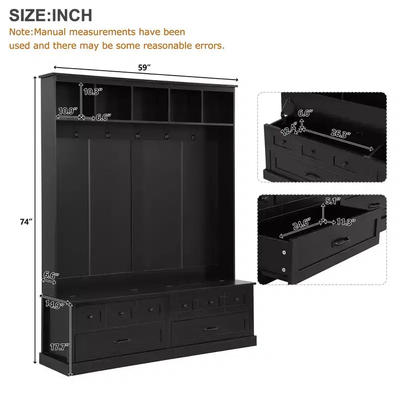Grand portemanteau d’entrée avec 5 crochets, banc de rangement polyvalent à plateau relevable avec 2 tiroirs, porte-manteau rétro en bois 3-en-1