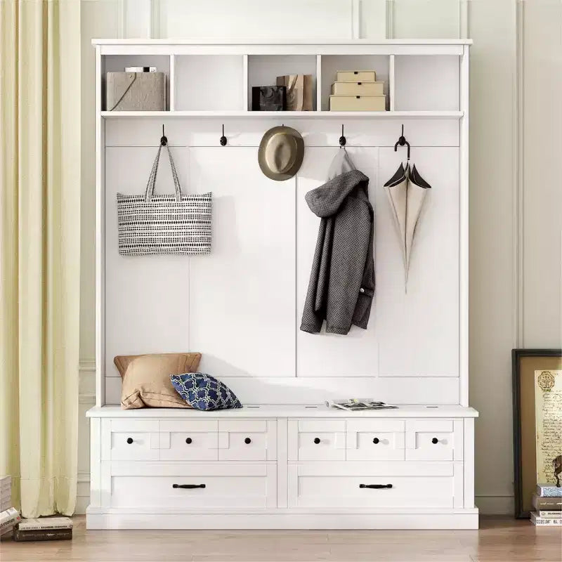 Grand portemanteau d’entrée avec 5 crochets, banc de rangement polyvalent à plateau relevable avec 2 tiroirs, porte-manteau rétro en bois 3-en-1