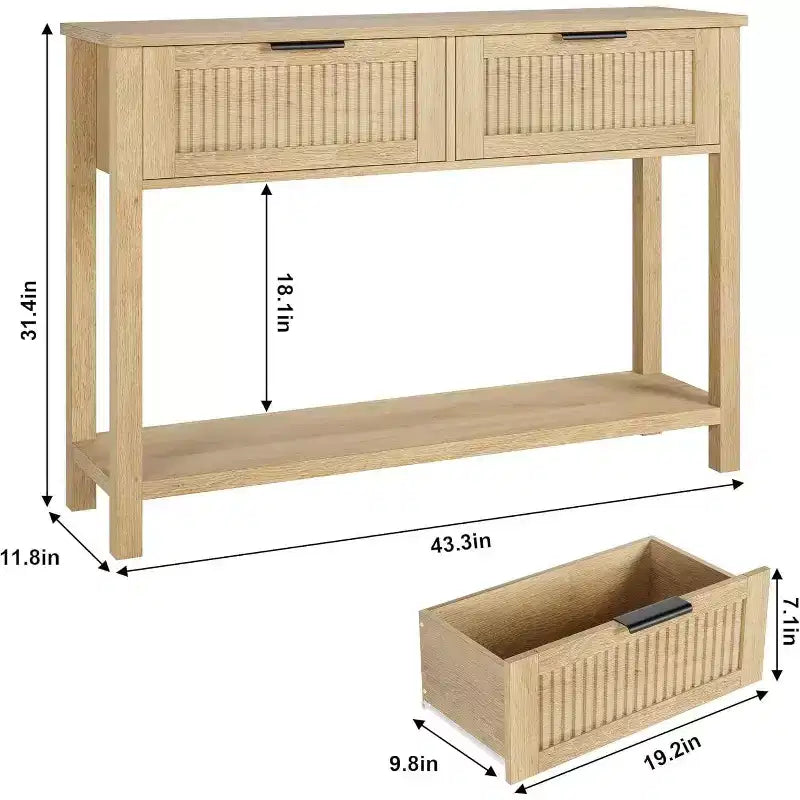 Geriffelter Konsolentisch für den Eingangsbereich mit 2 Schubladen, Holztisch fürs Wohnzimmer und den Flur, Naturholzfarbe
