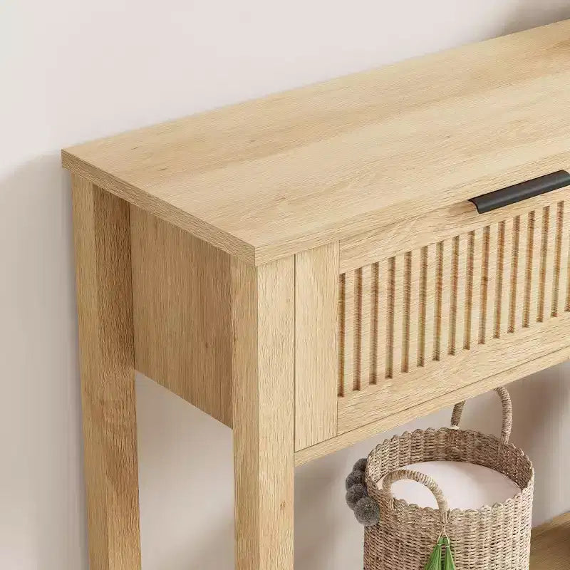 Geriffelter Konsolentisch für den Eingangsbereich mit 2 Schubladen, Holztisch fürs Wohnzimmer und den Flur, Naturholzfarbe