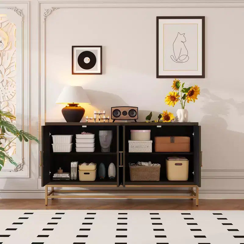 Aparador con tiradores metálicos, mueble buffet con 4 puertas y estantes ajustables, para cocina, sala de estar y comedor