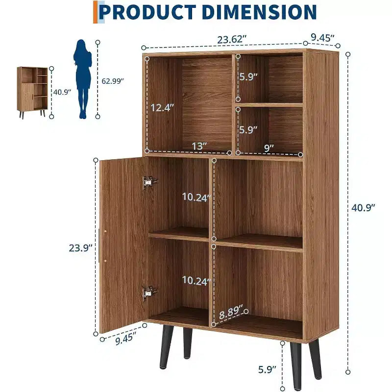 Librería de nogal de 4 niveles, organizador con 5 cubos de almacenamiento y patas, estantería retro de madera para sala de estar u oficina, marrón