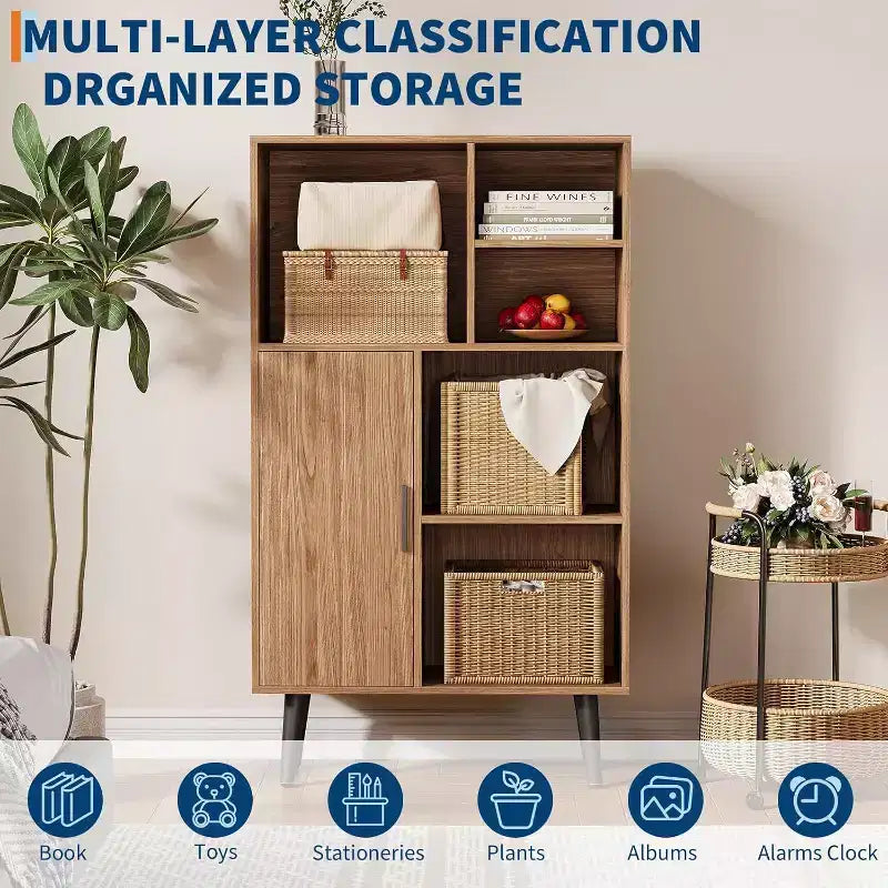 Walnussfarbenes Bücherregal mit 4 Ebenen, Aufbewahrungsregal mit 5 Fächern und Beinen, Bücherregal aus Holz im Retro-Stil für Wohnzimmer oder Büro, Braun