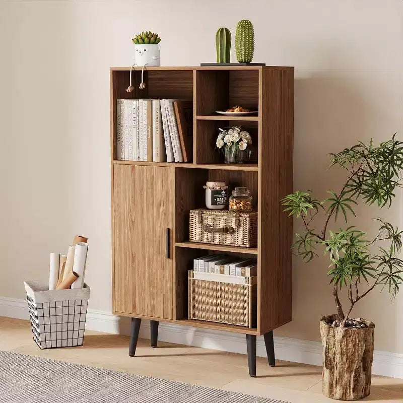 Walnussfarbenes Bücherregal mit 4 Ebenen, Aufbewahrungsregal mit 5 Fächern und Beinen, Bücherregal aus Holz im Retro-Stil für Wohnzimmer oder Büro, Braun