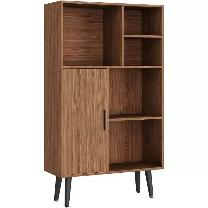 Librería de nogal de 4 niveles, organizador con 5 cubos de almacenamiento y patas, estantería retro de madera para sala de estar u oficina, marrón
