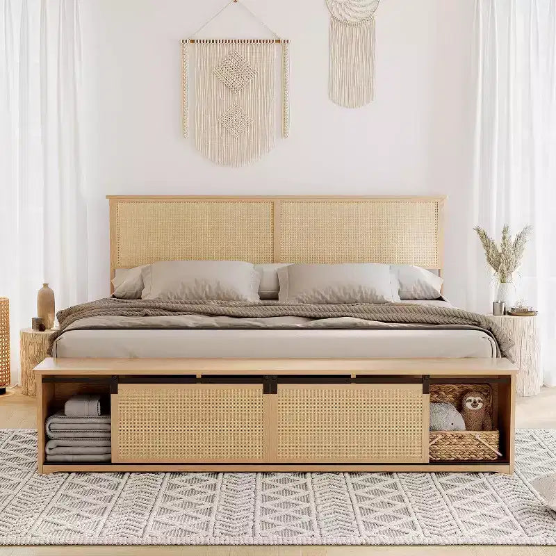 Cadre de lit en rotin naturel - Rangement avec porte coulissante de grange, tête de lit à LED et pieds en bois massif, sans sommier