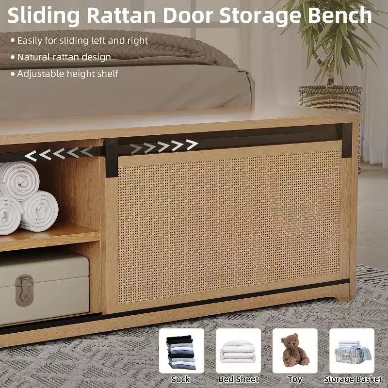 Cadre de lit en rotin naturel - Rangement avec porte coulissante de grange, tête de lit à LED et pieds en bois massif, sans sommier