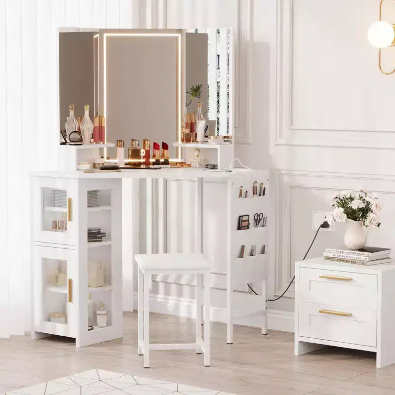 Escritorio esquinero de tocador con taburete, espejo y armario de maquillaje esquinero para dormitorio y estudio de maquillaje