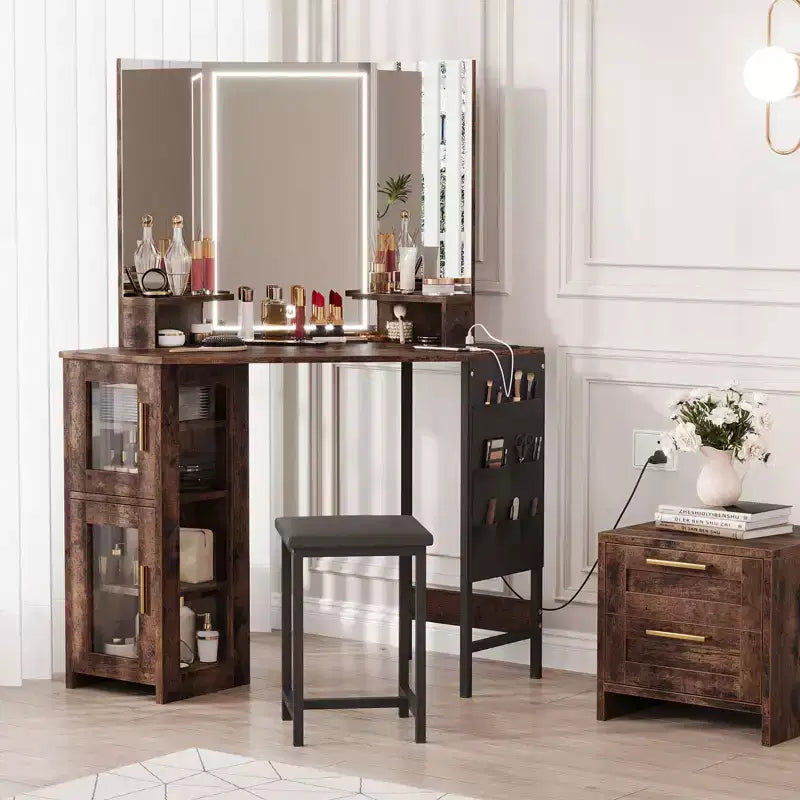 Escritorio esquinero de tocador con taburete, espejo y armario de maquillaje esquinero para dormitorio y estudio de maquillaje