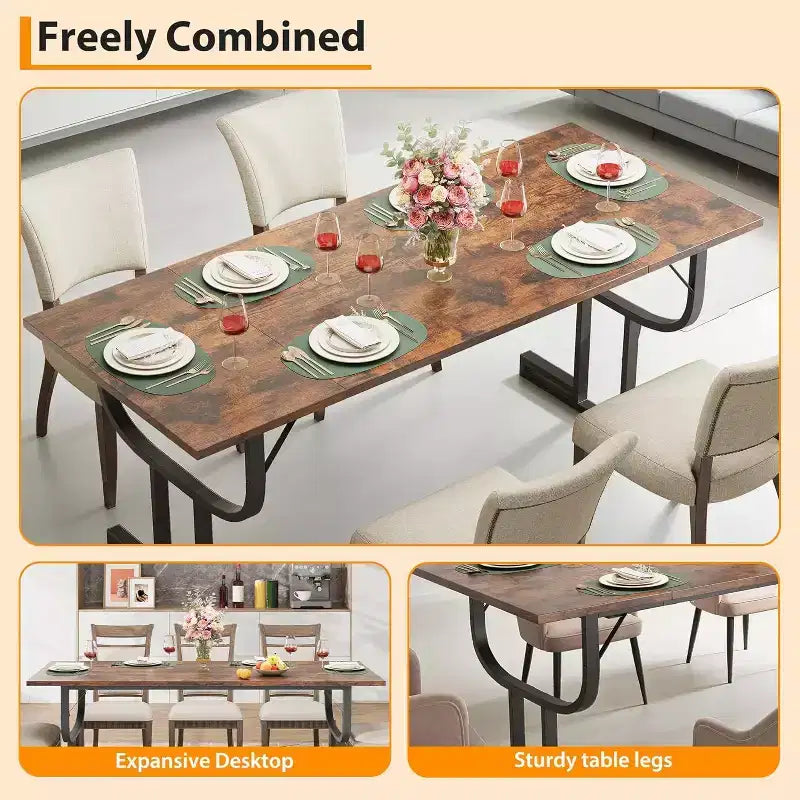 Mesa de comedor estilo granja de 70.8 - tablero de madera rústica, base metálica en X, capacidad para 6-8 personas, uso en varios espacios, para cocina o comedor