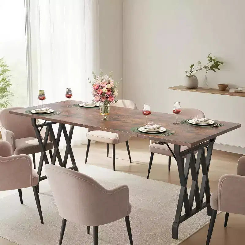 Mesa de comedor estilo granja de 70.8 - tablero de madera rústica, base metálica en X, capacidad para 6-8 personas, uso en varios espacios, para cocina o comedor