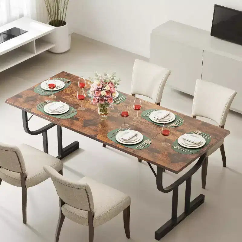 Mesa de comedor estilo granja de 70.8 - tablero de madera rústica, base metálica en X, capacidad para 6-8 personas, uso en varios espacios, para cocina o comedor