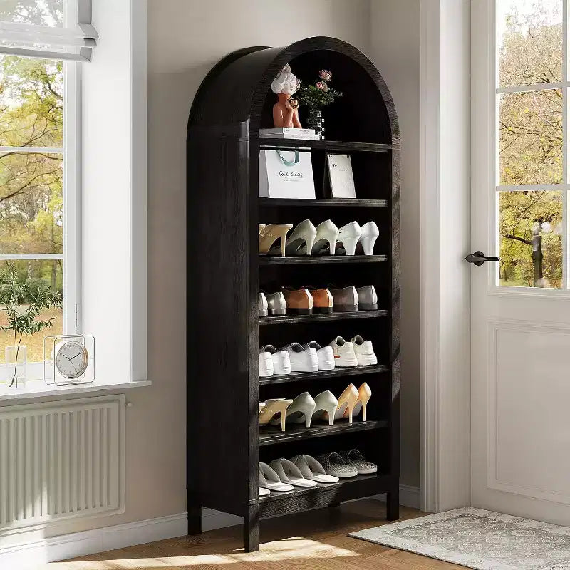 71in Tall Arched Shoe cabinet , Modern Farmhouse 7 Tiers Arch Shoe Cabinet Open Storage Shoe Shelf with Adjustable Shelves for Home