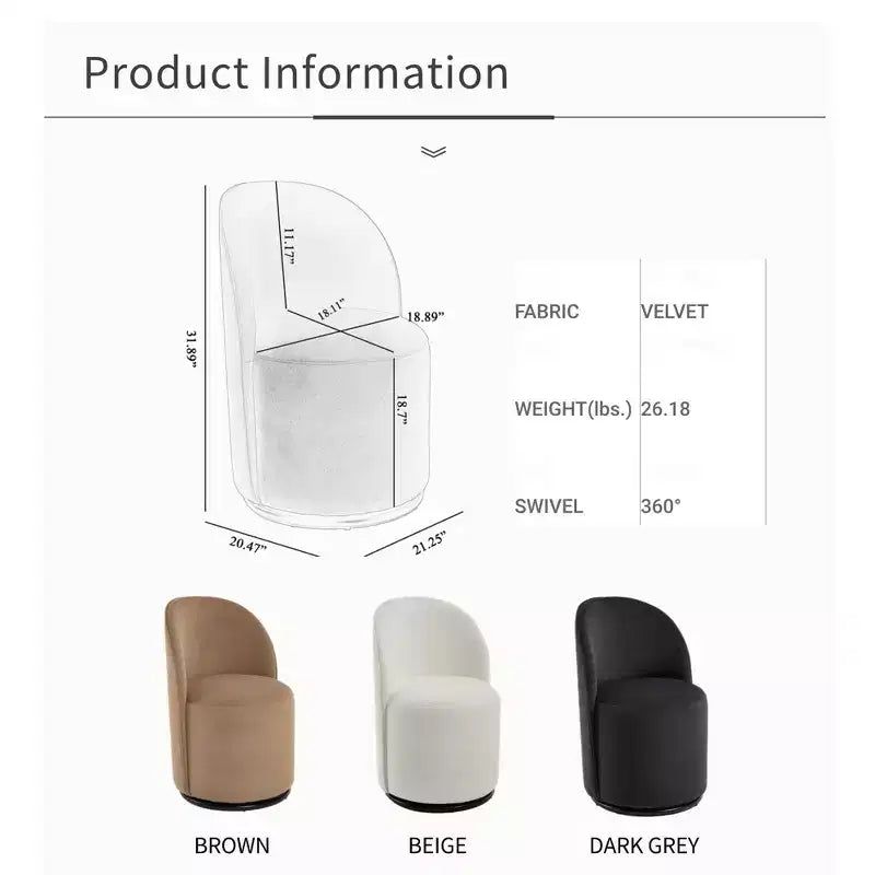 Fauteuil d’appoint pivotant moderne en velours, base à 360, pour le salon ou la chambre, marron