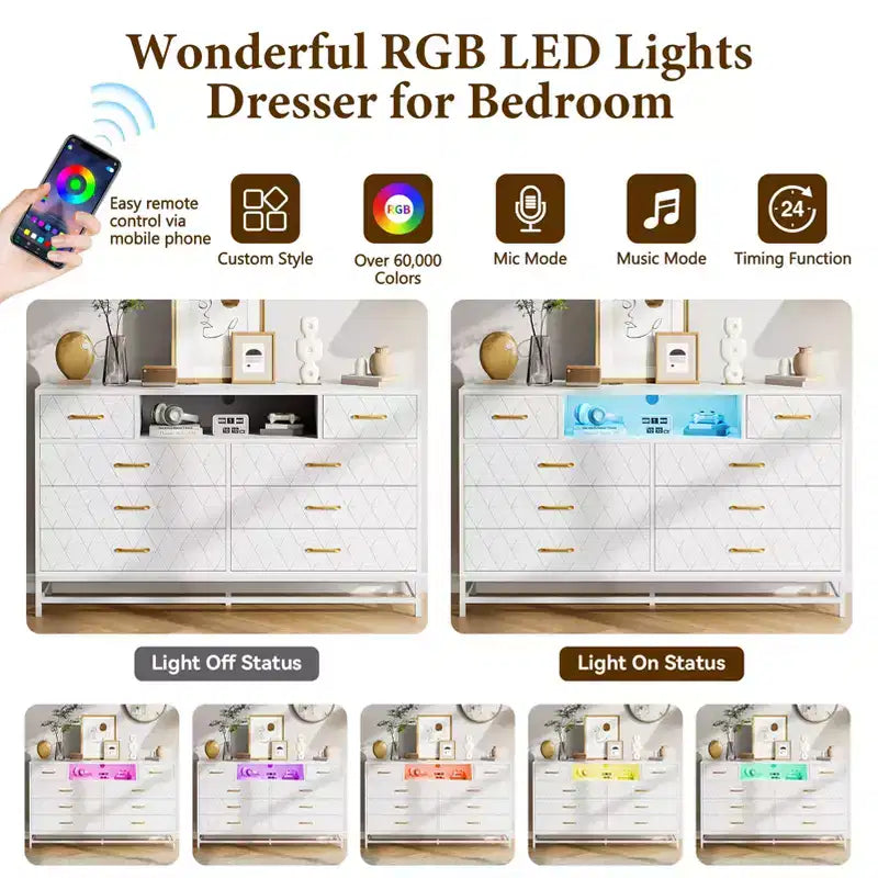 Moderne Kommode aus Holz mit 8 Schubladen fürs Schlafzimmer, 55 Zoll breit, TV-Ständer aus Holz mit LED-Beleuchtung und Steckdose, für Wohnzimmer und Flur