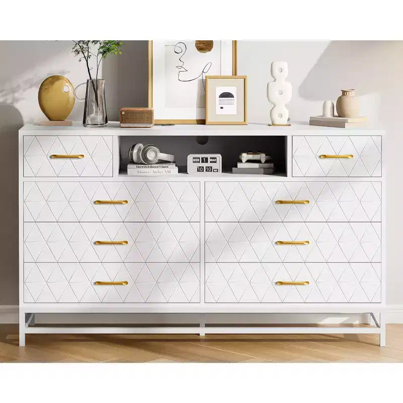 Moderne Kommode aus Holz mit 8 Schubladen fürs Schlafzimmer, 55 Zoll breit, TV-Ständer aus Holz mit LED-Beleuchtung und Steckdose, für Wohnzimmer und Flur
