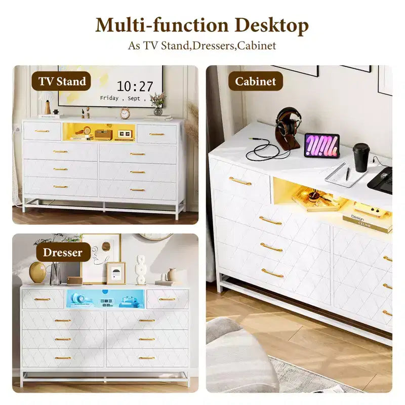 Moderne Kommode aus Holz mit 8 Schubladen fürs Schlafzimmer, 55 Zoll breit, TV-Ständer aus Holz mit LED-Beleuchtung und Steckdose, für Wohnzimmer und Flur