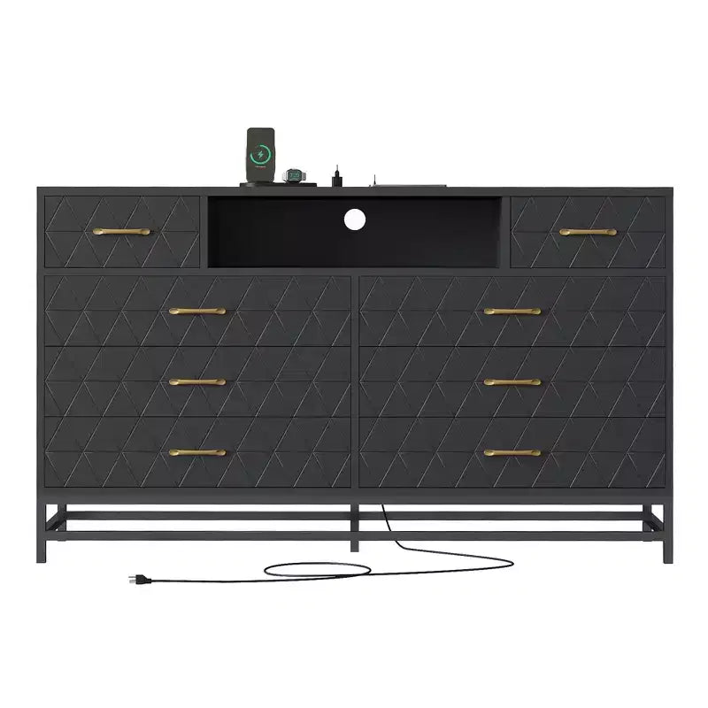 Moderne Kommode aus Holz mit 8 Schubladen fürs Schlafzimmer, 55 Zoll breit, TV-Ständer aus Holz mit LED-Beleuchtung und Steckdose, für Wohnzimmer und Flur