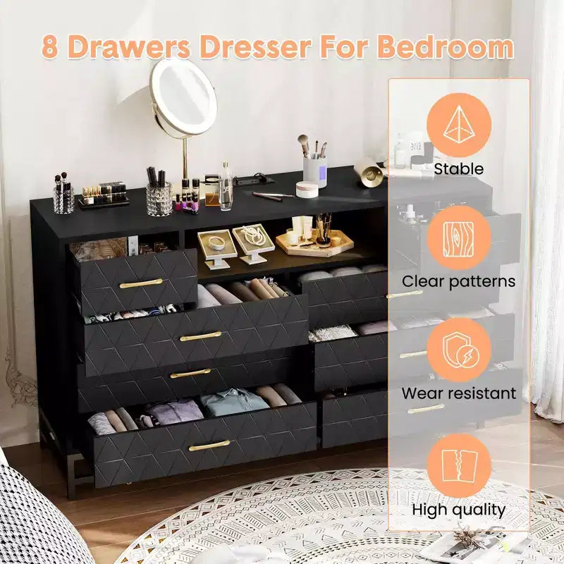 Moderne Kommode aus Holz mit 8 Schubladen fürs Schlafzimmer, 55 Zoll breit, TV-Ständer aus Holz mit LED-Beleuchtung und Steckdose, für Wohnzimmer und Flur